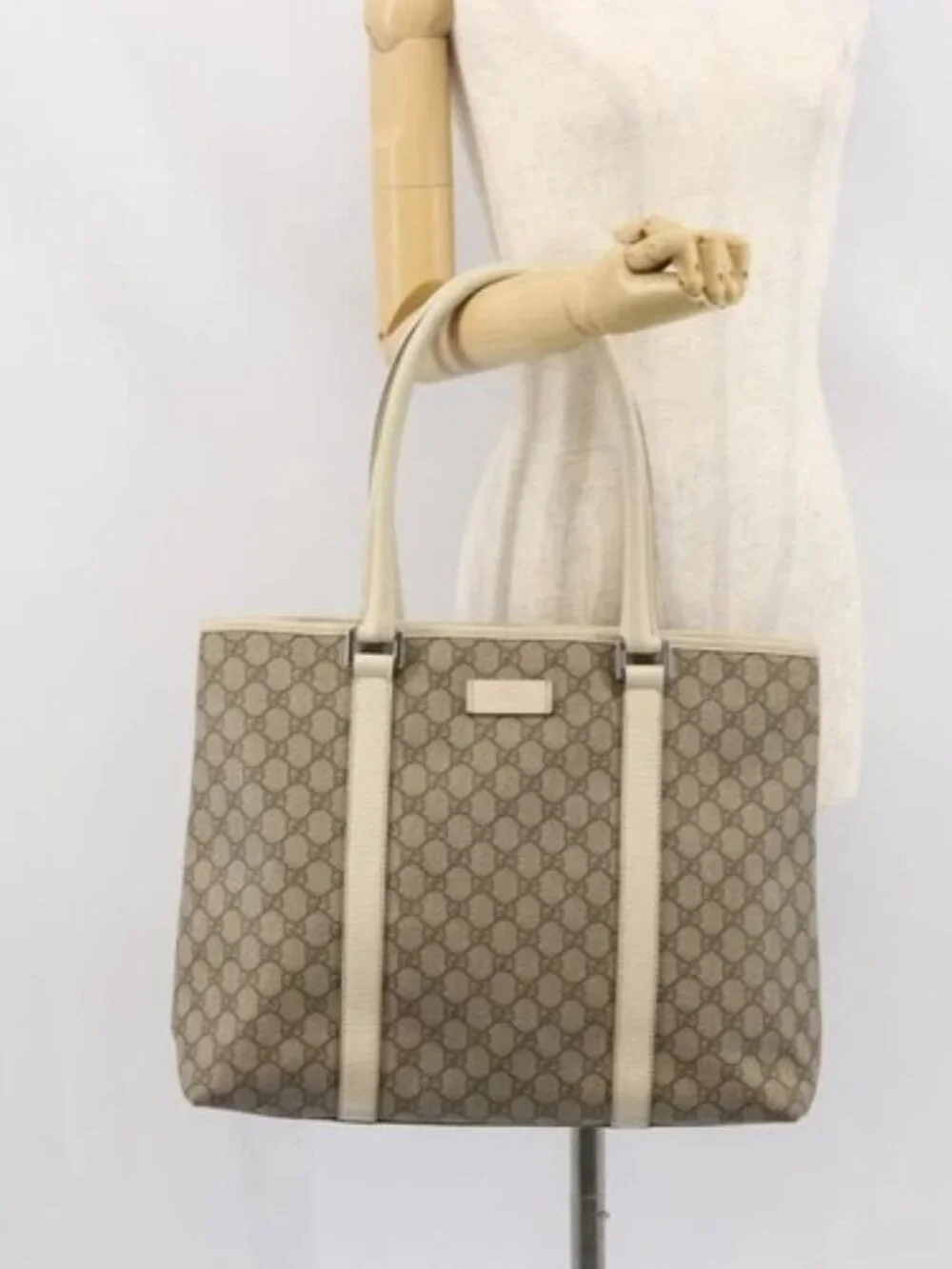 Gucci Beige Monogram Canvas Tote with Cream Leather Trim